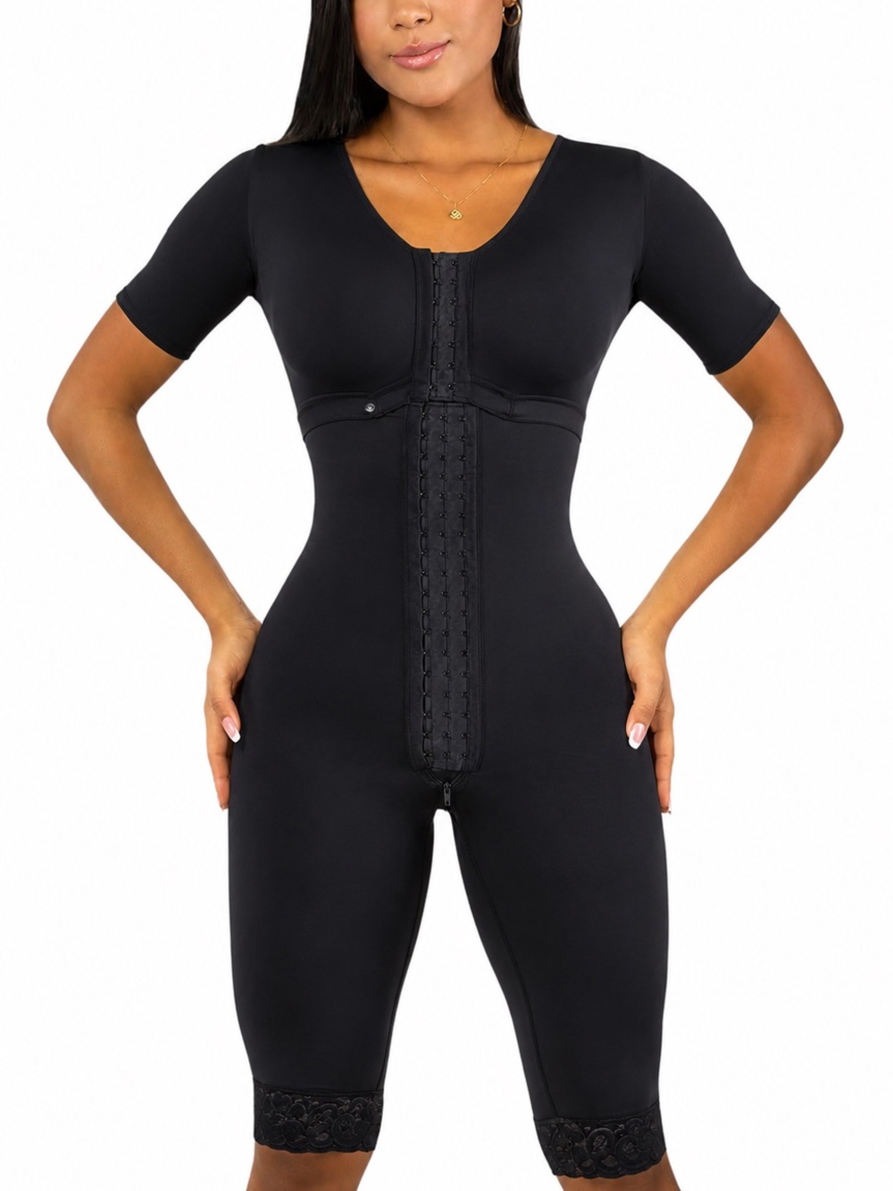 Express Black Short-Sleeve Full Body Shaper with Front Hook Closure